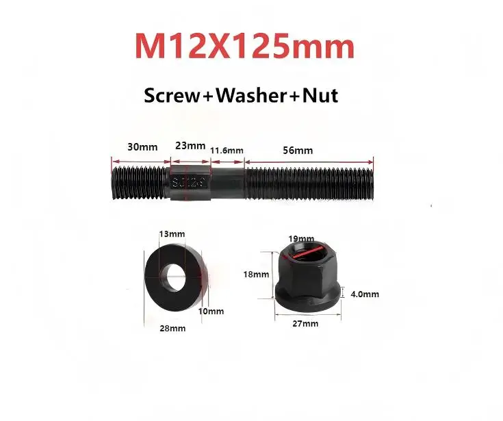 Middle hexagonal screw+washer+nut,M12,12.9 Grade,carbon steel,Double-ended bolt,pressing plate screw,Stud Screw Rod,1 set