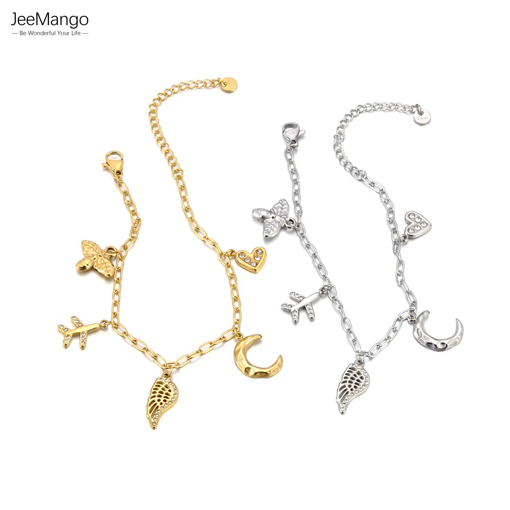 JeeMango Fashion Bee Wings Airplane Star Charm Bracelet High Quality Stainless Steel Zircon Waterproof Jewelry For Women B25077