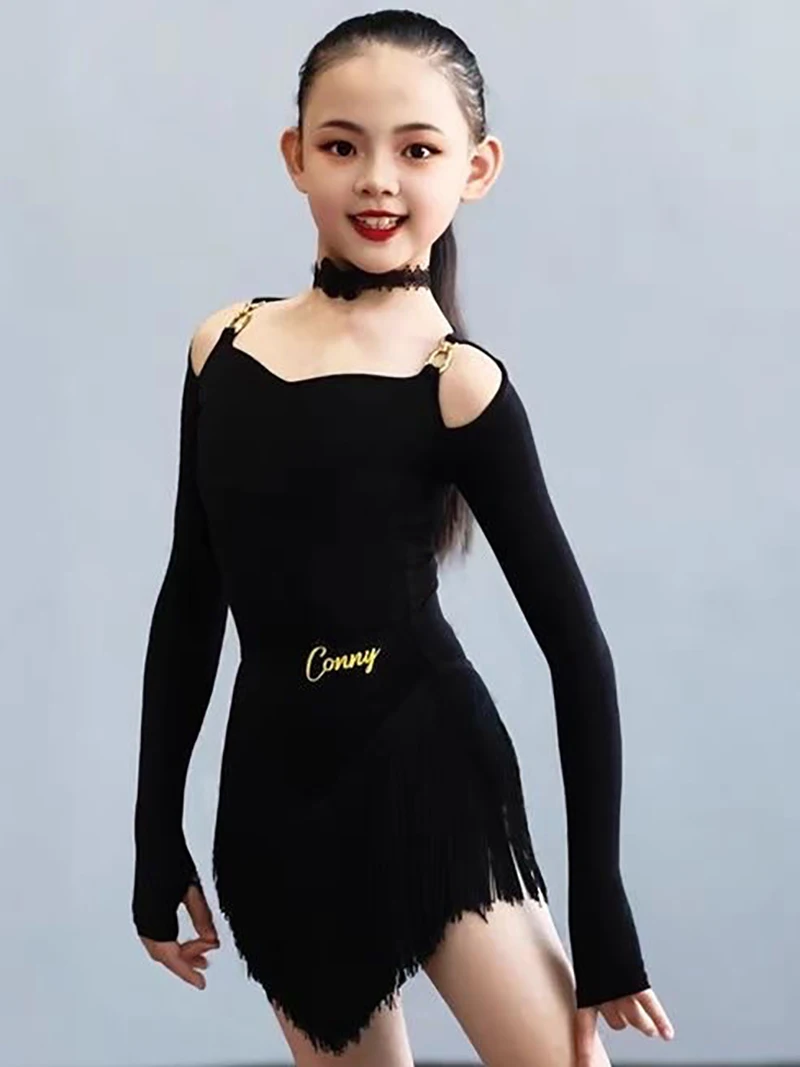 Costume fendu de classement pour femmes, vêtements de danse de salle de bal, uniforme de danse latine pour enfants filles, robe de compétition en maille à manches longues