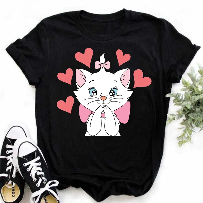 Camiseta con estampado de gato Marie para mujer, ropa de calle informal de manga corta, camisetas de Disney para mujer