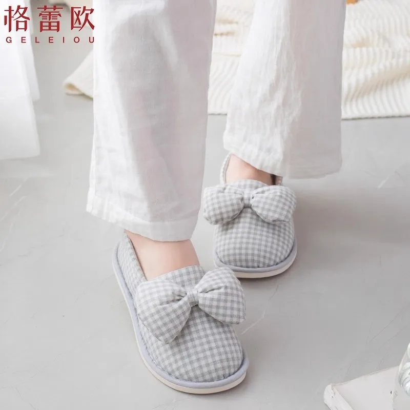 ربيع الخريف القوس نعال من القطن المنزل للنساء داخلي غرفة نوم منزل المضادة للانزلاق أحذية نسائية الوردي/الرمادي