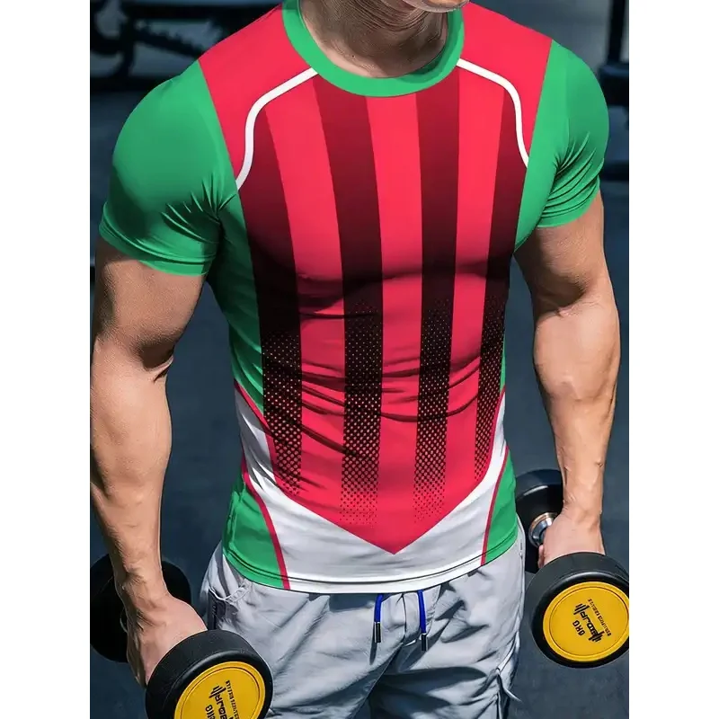 Men's Quick Dry Compression T Shirt Round Neck Short Sleeve Vertical Striped Green Red Print