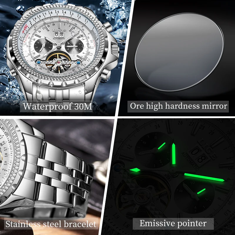 LIGE Top Brand Luxury Man Watch Automatic Tourbillon Mechanical Watches for Mens Multifunctional Luminous Waterproof Date Clocks