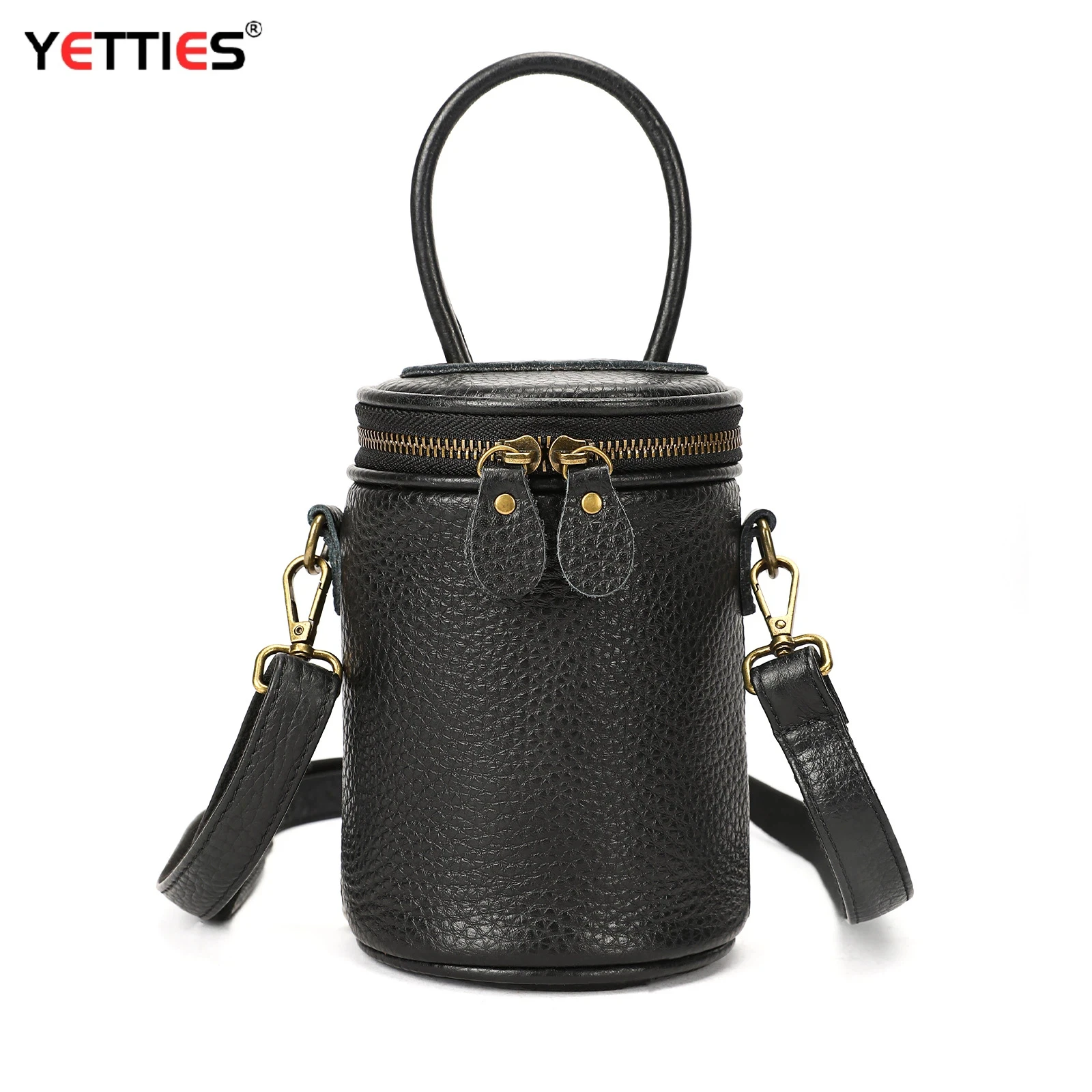 YETTIES Women's Retro Genuine Leather Cylinder Bucket Bag | New Cross-Border Handheld Shoulder Crossbody Small Commuter Purse