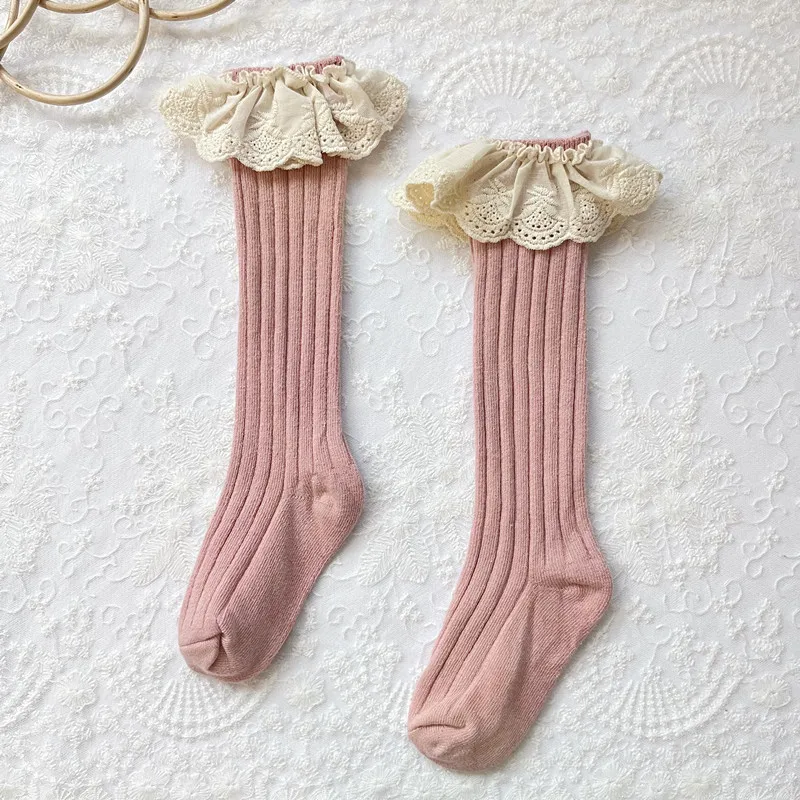 New Baby Girls Knee High Socks Soft Cotton Kids Lace Frilly Flower Cute Long Socks Princess Children Ruffle Sock For 0-5Years