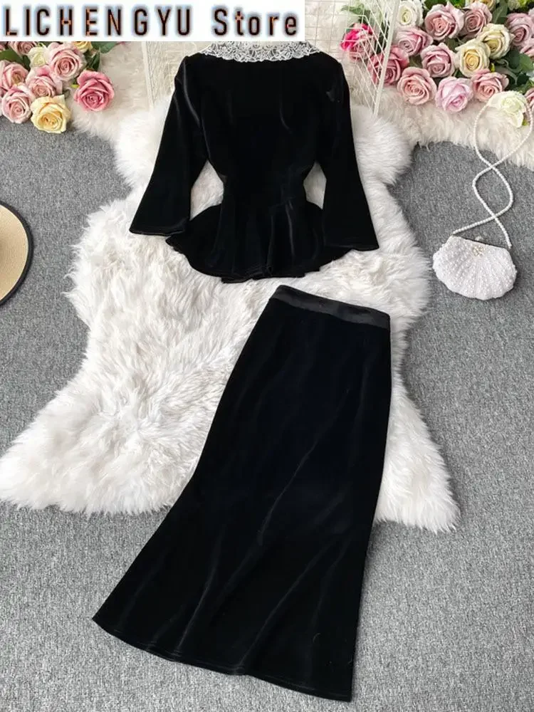 Sweet Casual Two Piece Set For Women V-neck Velvet Button Patchwork Coat Hip Warp Skirts Suits Autumn New