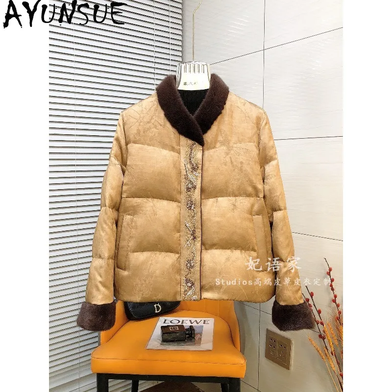 AYUNSUE White Goose Down Jacket Woman Mink Fur Embroidered Outerwear Fashion Short Jackets Warm Women Winter Coat Ropa Mujer