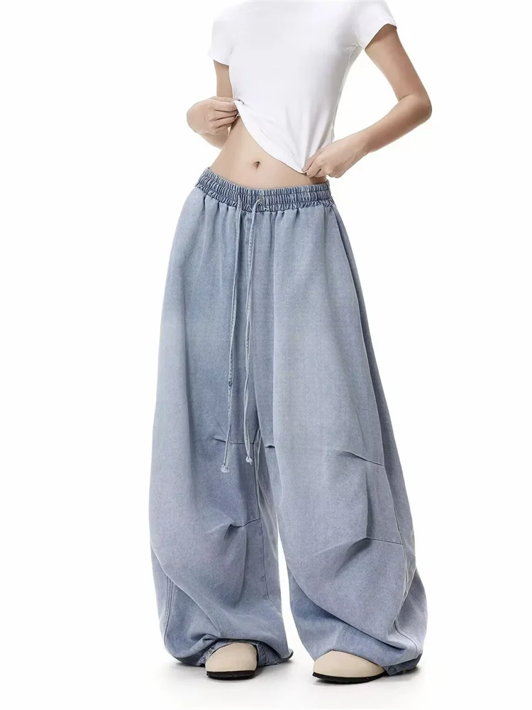 Spring Summer Barumi American Streetwear Washed Jeans Women Loose Straight Wide Leg Cargo Trousers Parachute Style Denim Pants