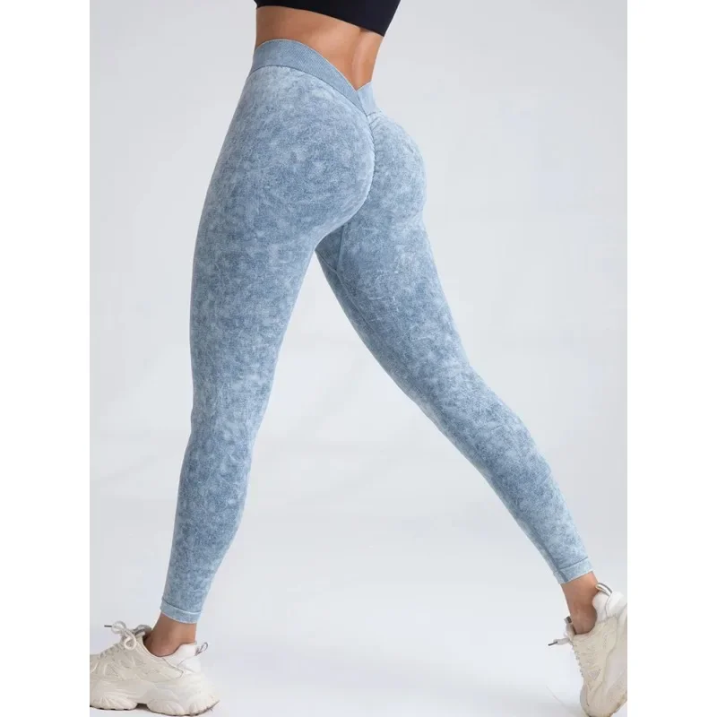 Push Up High Waist Sports Leggings Stretch Athletic Women Sexy Pants Seamless Sand Washed Denim Gym Leggings Femme