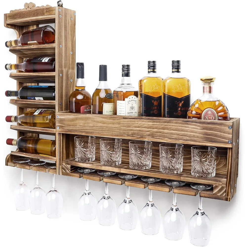 Wine Rack Wall Mounted Wood,Alcohol Shelf with Bottle Stemware Glass Holder Rustic Whiskey Display Storage with Cork Stora