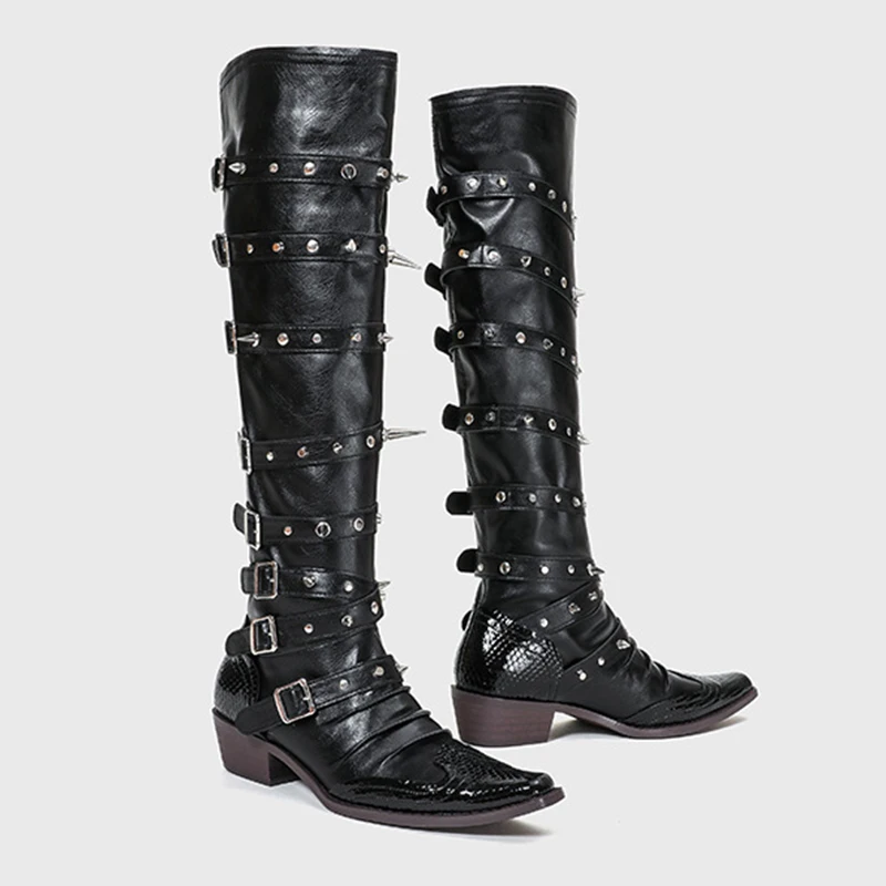 

Punk Goth Style Wide Cowboy Boots Over The Knee Pointed Pile Boots Women's 2024 New European and American Rivet Long Boots