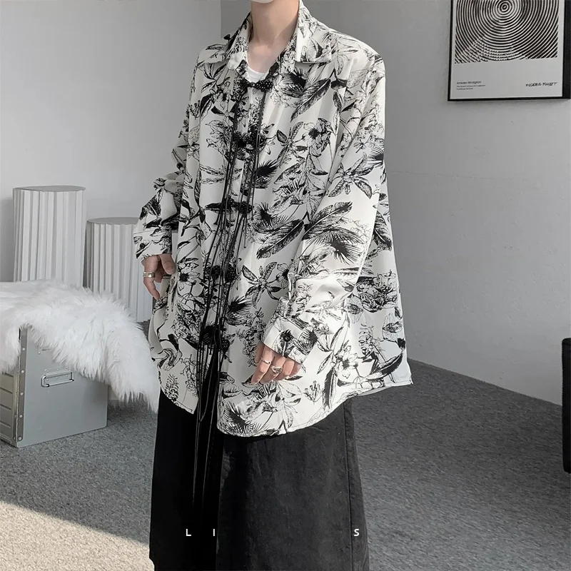 

New Chinese Style Men's Long Sleeve Shirt with Button Design Watercolor Style Outerwear Casual Loose Fit Summer Shirt