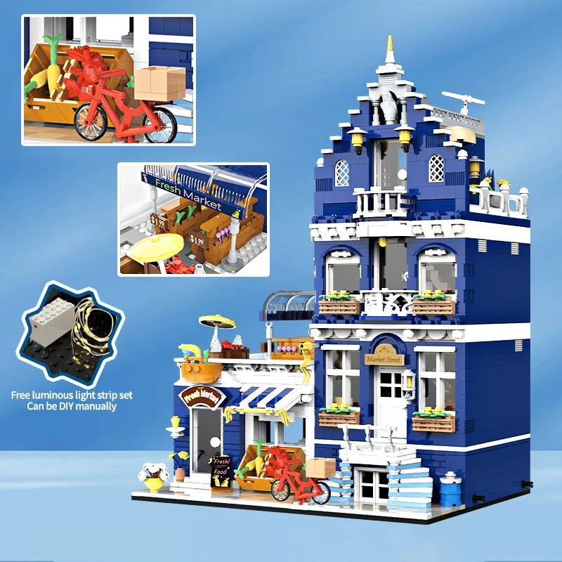 City Town Street View มุมร้านกาแฟร้านขายของชํา Building Blocks มินิอิฐ Bank สถาปัตยกรรมไฟของเล่นเด็กของขวัญ