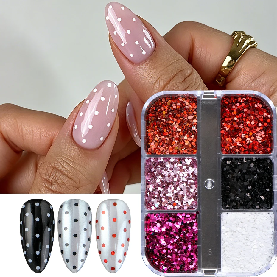 6 Grids Polka Dot Nail Art Sequins Red Pink Black White Round Dot Nail Glitter Flakes Confetti Manicure Nail Charms Decorations