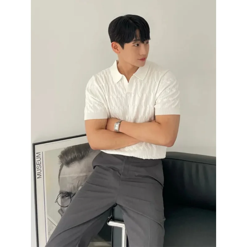 

Korean Style Trendy Men's Short and Light Mature Style Youth Top Casual Men's Knitted Sleeve Lapel Half Sleeve T-shirt