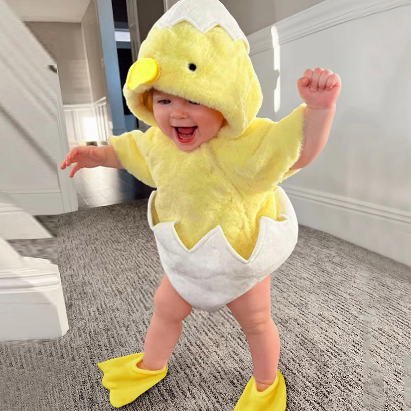 Infant Boys Girls Cosplay Cute Chicken Costume Winter Warm Hooded Jumpsuit Toddler Fleece Long Sleeve Rompers Bodysuits Clothes