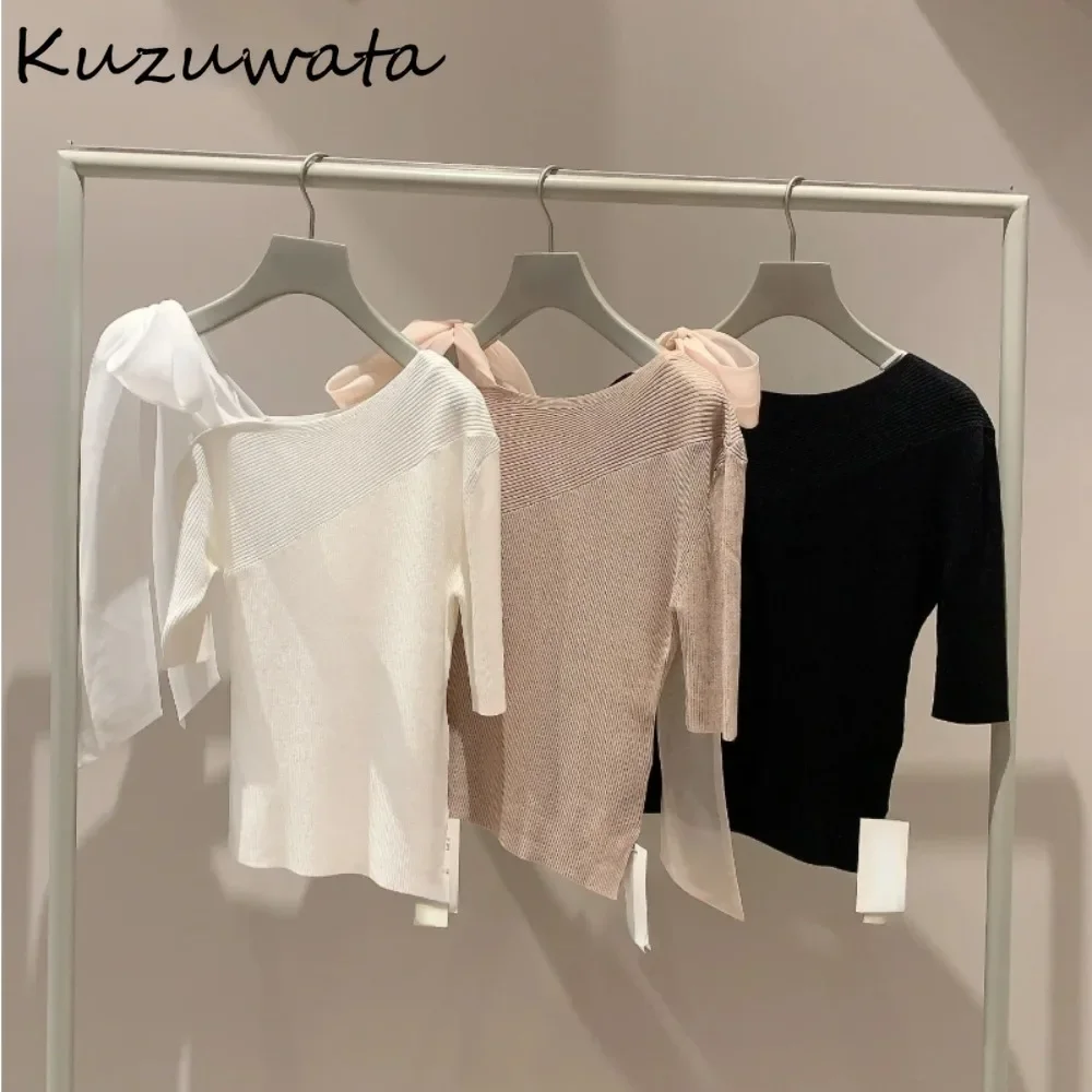 Kuzuwata Moda New Slash Neck Half Sleeve Patchwork Jumper Off Shoulder Sweet Lace Up Casual Pullover Japan Bow Slim Fit Knitwear