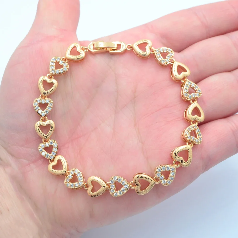 Fashion Gold Color Clear Zircon CZ Laser Carved Love Hearts Link Bracelet for Women