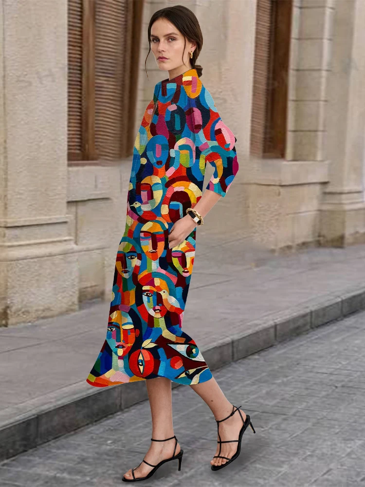 

2024 New Fashion Casual Women's Clothes Outdoor Daily Abstract Print Shirt Dress Urban Elegant Style Long-sleeved Lapel Dress