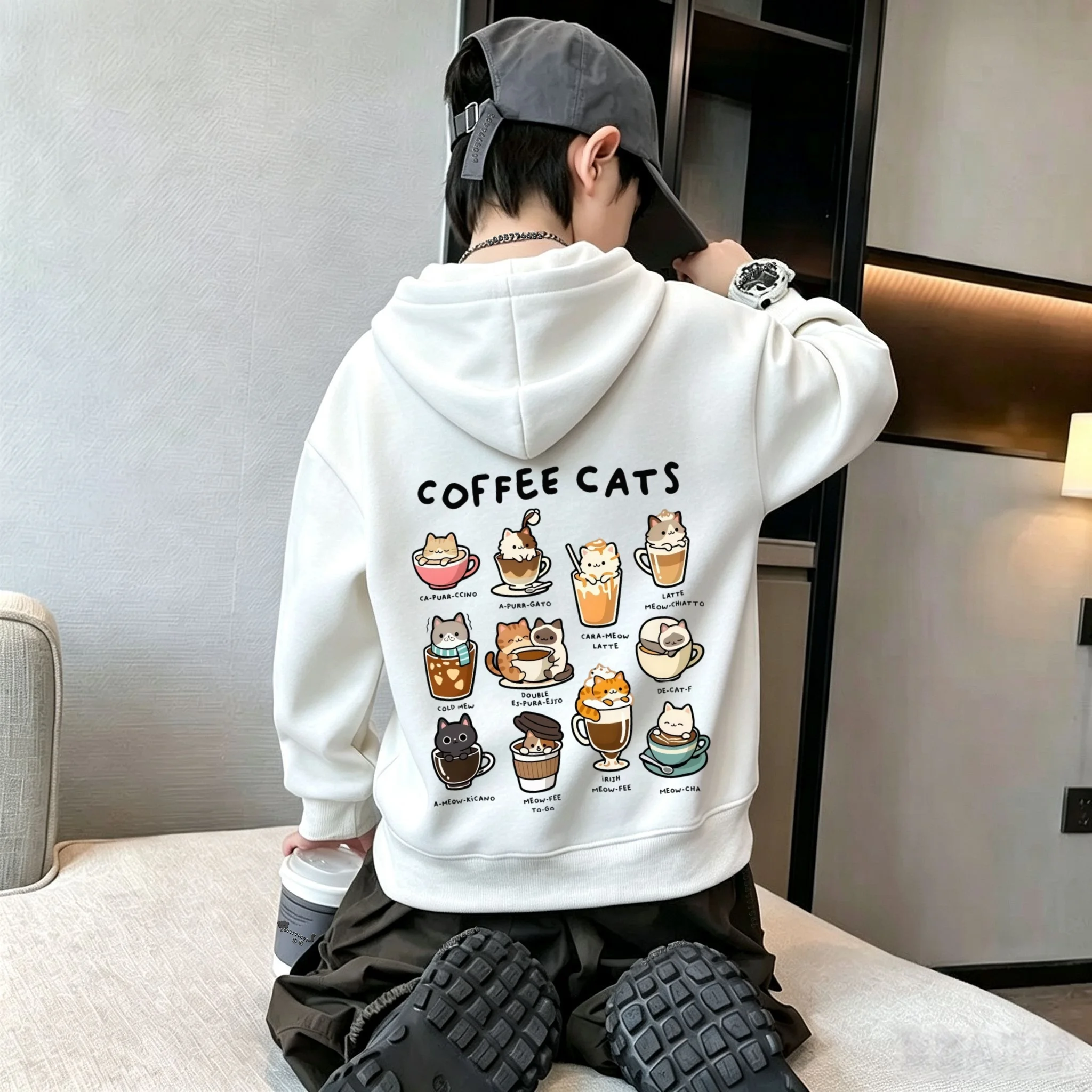 Y2K Kinder-Hoodie-Sweatshirt, Herbst-Winter, niedlicher Cartoon-Kaffee-Katzen-Grafikdruck, lässige, lockere Langarm-Oberteile – Detail 2