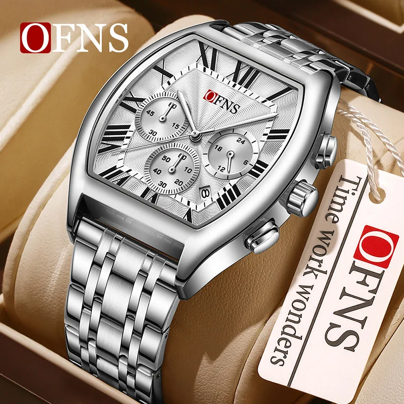 

OFNS 1644 Roman Scale Steel Strip Quartz Watch Timing Waterproof Calendar Display Mens Watches Relogios Masculino Reloj Hombre