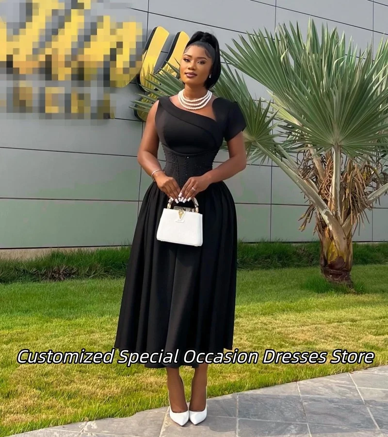 Zwart Satijn A-lijn Avondjurken Delicate Kralen Lange Prom Dress Aangepaste Bruiloft Jurken Voor Vrouwen Vestido De Festa