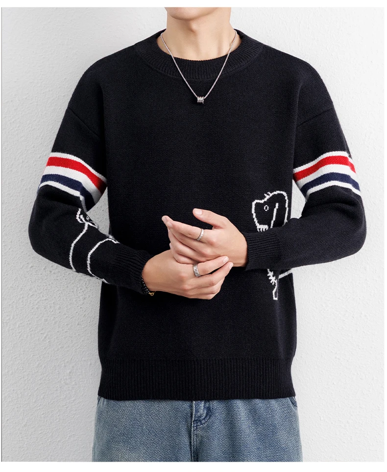 Luxus Marke Pullover Herren Herbst Winter Neue süße Welpen Druck Mode gestreifte Knopf Design Casual Warm Rund Stricken Sweater – Detail 14