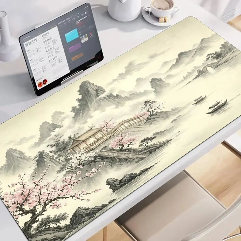 Large XXL Gaming MousePad Desk Mat Keyboard Pad Light Beige Chinese Ink Mountain Peach Blossom Pavilion Lake Boat Print Desk Mat