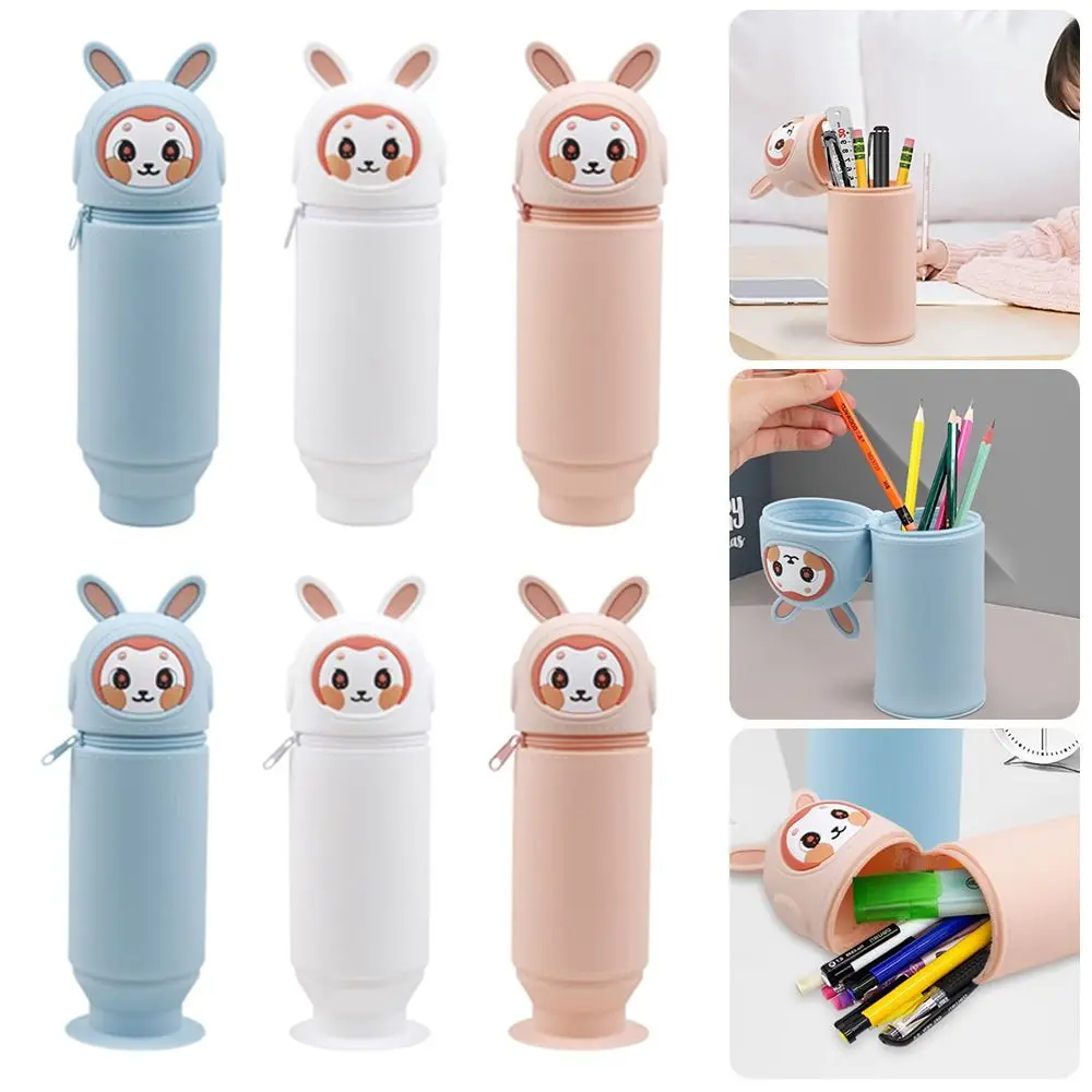 

Cartoon Silicone Pencil Holder Suction Cup Desk Organizer Pen Holder Creative Dirt Resistant Pencil Case for Students