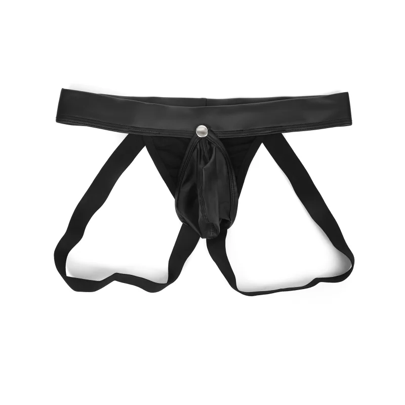 Men's Jockstrap Imitation Leather Thong G String Sexy Button Separate Pouch Underwear Open Butt Thong Lingerie Panties