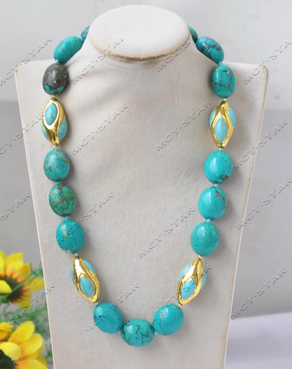 MTC·STAR  Natural 21'' 23mm Ellipsoid Egg Green Turquoise Necklace （Z13566）
