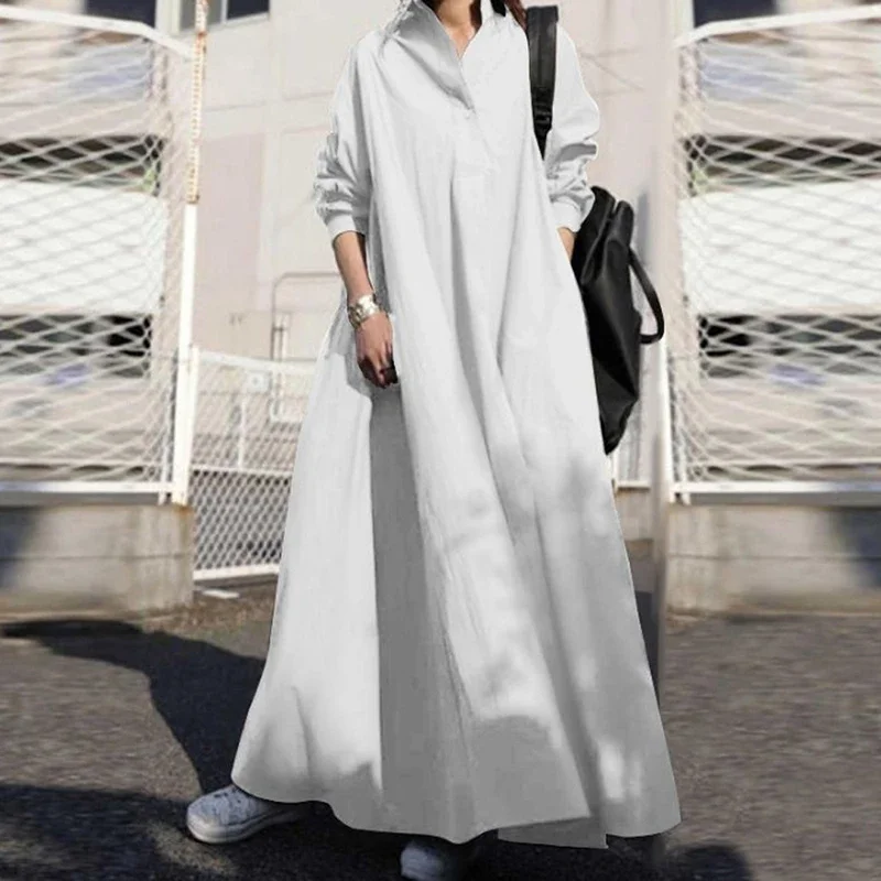 Vintage Ethnic Style Cotton Linen Casual Loose Maxi Party Dress Turn-down Collar Buttons Long Sleeve Dress Women Plus Size Dress