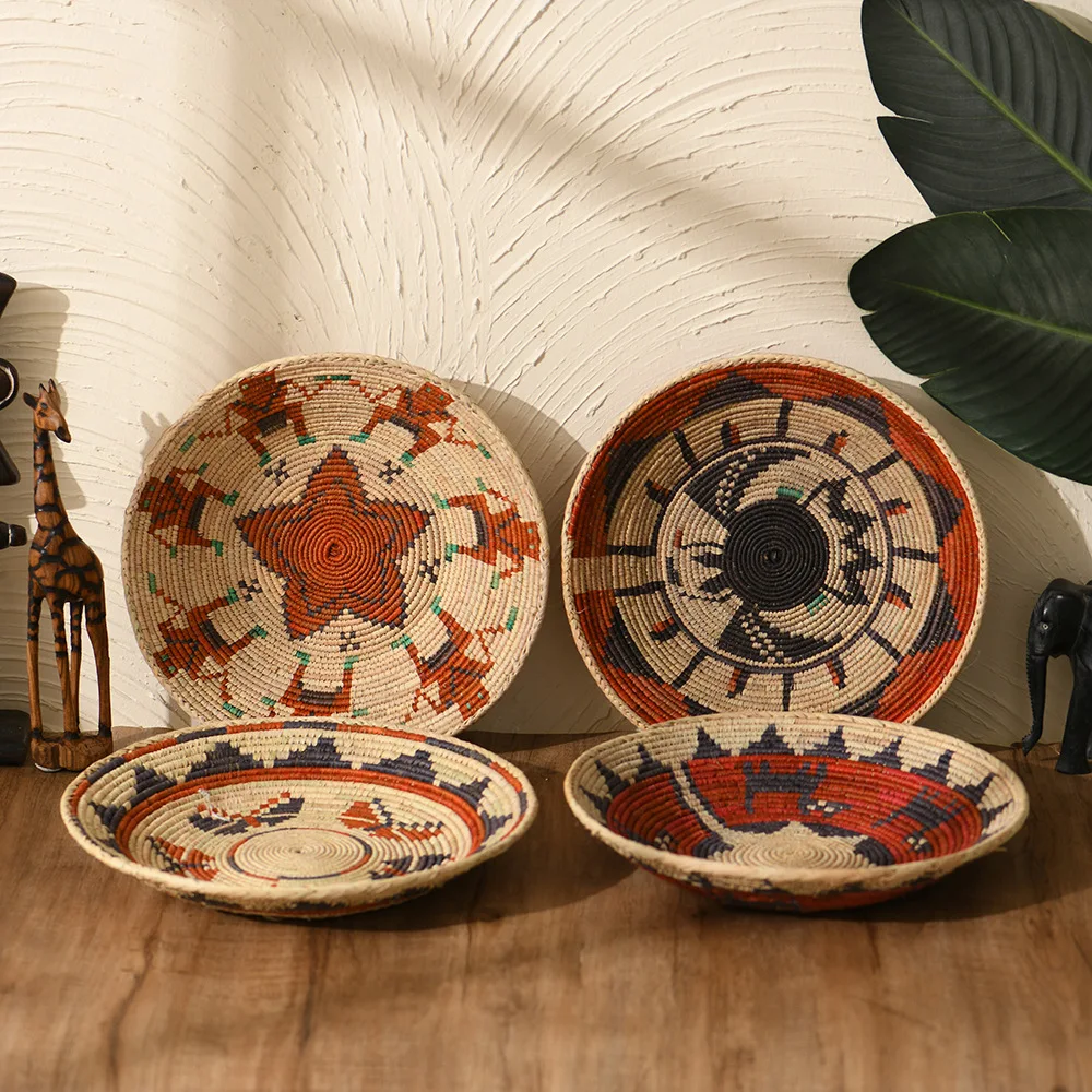 Creative raffia hand-woven plates, plant-dyed bamboo plates, porch decoration, change keys, storage plates