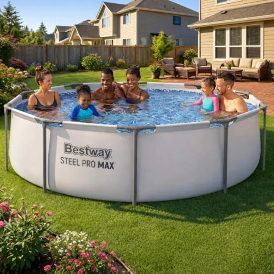 Above Ground Pool for Outdoor Use, Steel Frame, Gray, Rust-Resistant Heavy-Duty Construction with Filter Pump Type I Cartridge