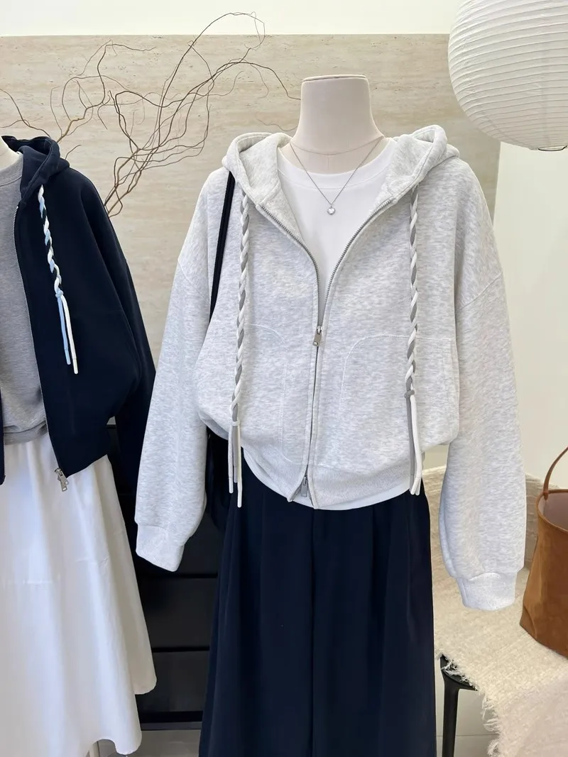 Braided Drawstring Cropped Zip Up Women's Hoodies Solid Color Long Sleeve Sweatshirt Spring Autumn Casual Jacket with Pockets