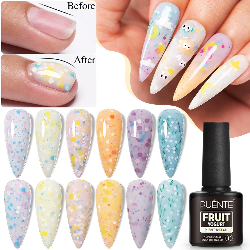 PUENTE 7.5ML Fruit Yogurt Rubber Base Gel Nail Polish Glitter Sequins Construction Gel Soak Off Semi-Permanent Varnish Manicure