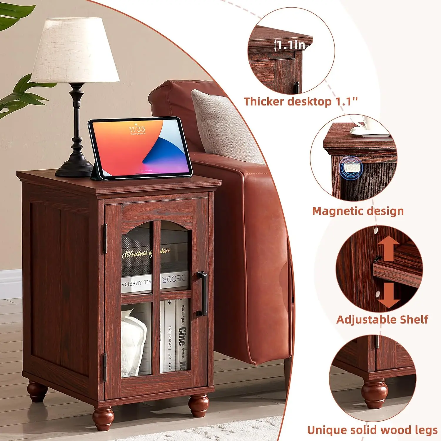Narrow Side Table Set of 2 with Charging Station, Wooden Bedside End Table for Bedroom Living Room, Customized