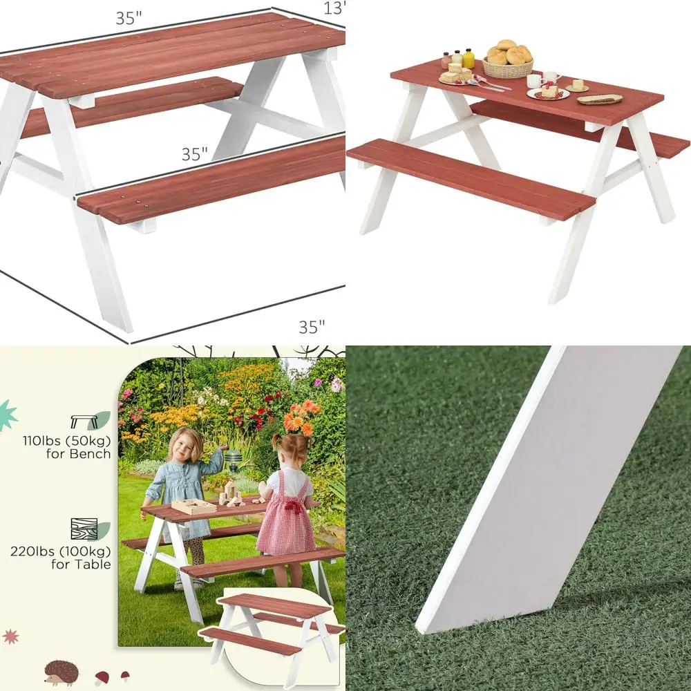 

Children's Wooden Picnic Table and Bench Set, Outdoor Furniture for Ages 3-8, Brown
