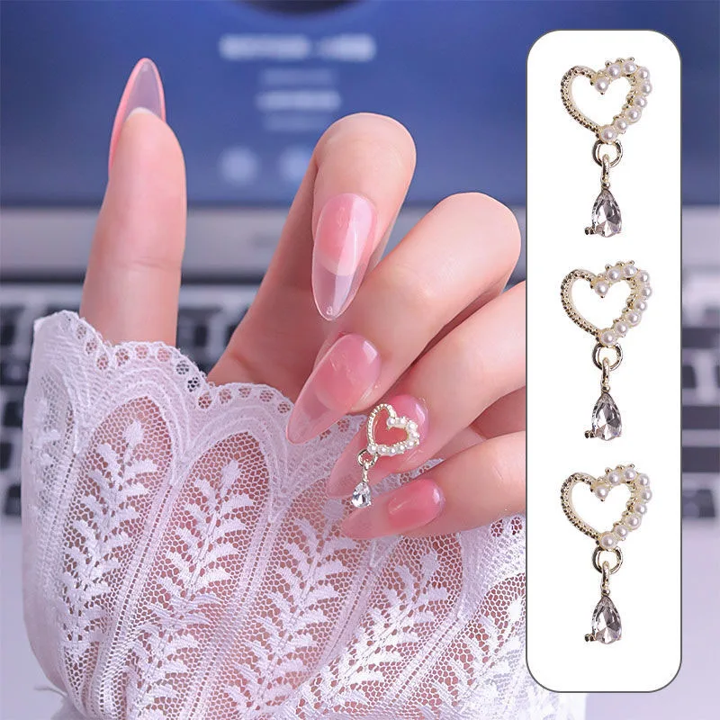 

10Pcs Pearls Dangle Heart Metal Clear Rhinestones Flowers Decor Nail Art Alloy Charms Jewelry DIY