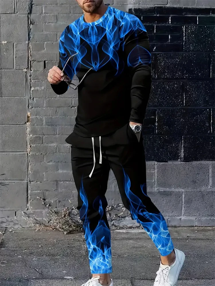 Tuta da uomo di moda 3D Blue Flame stampato abbigliamento sportivo da uomo 2 pezzi girocollo da uomo manica lunga pantaloni sportivi tuta