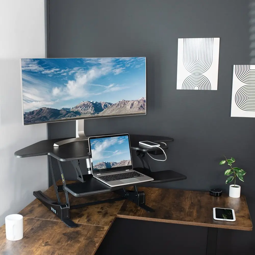 

43 inch Corner Electric Height Adjustable Cubicle Stand Desk Converter, VE Series, Sit to Stand Tabletop Dual Monitor Riser