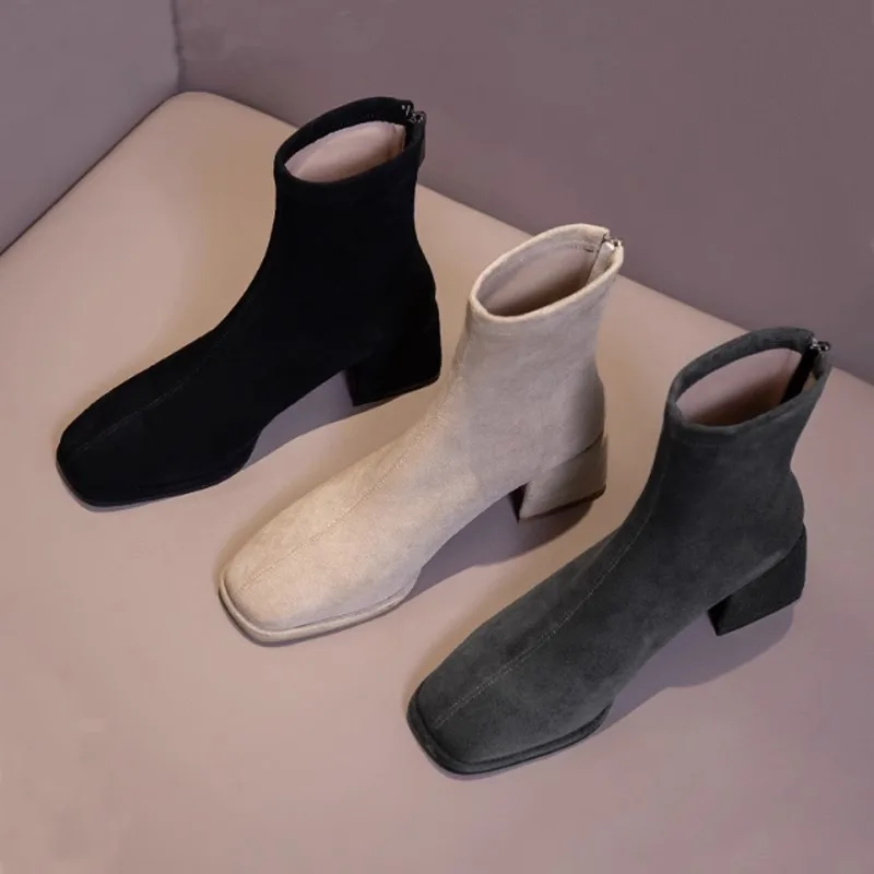 

【2025 Winter】Square Toe Boots Women Suede Lined Stretch Boots Chunky Heel Mid Block Heel Ankle Boots Slim Fit Comfort Warm