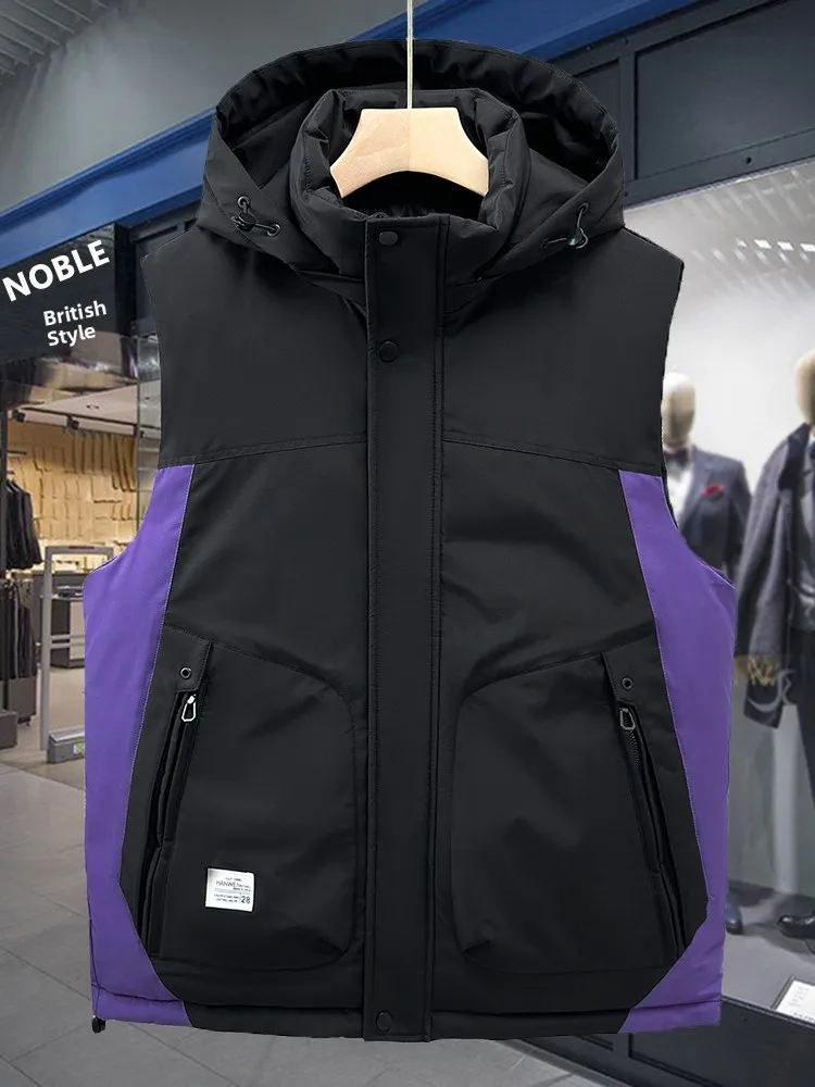 

High-End Trendy Brand Men's down Cotton Vest Thiened Winter Outerwear for Teens And Preteens Zipper Closure Hooded Jaet