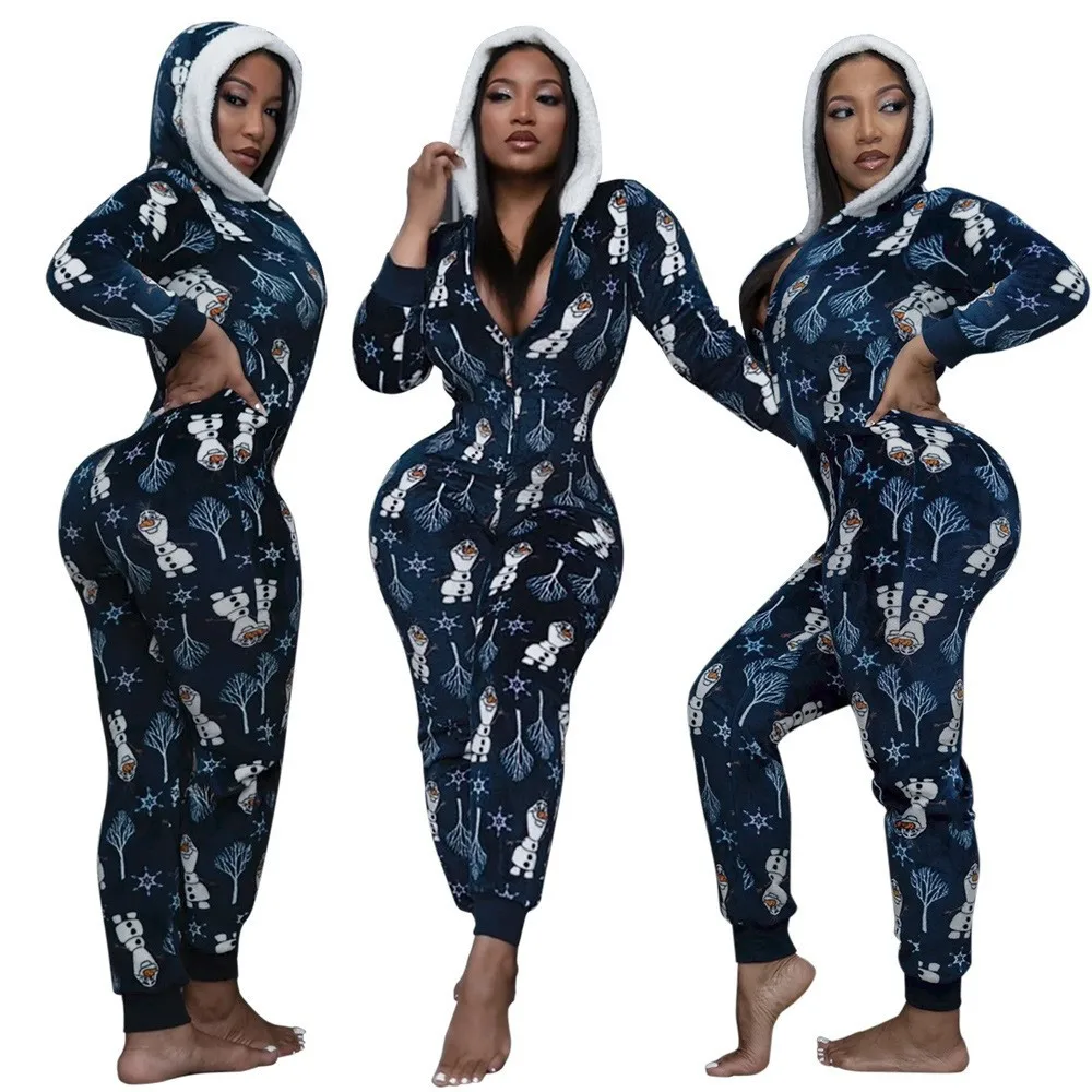 

Women's Fashion Striped Fun Pattern Contrasting Color Printed Jumpsuit Autumn and Winter Women's Zipper Christmas Home Jumpsuit