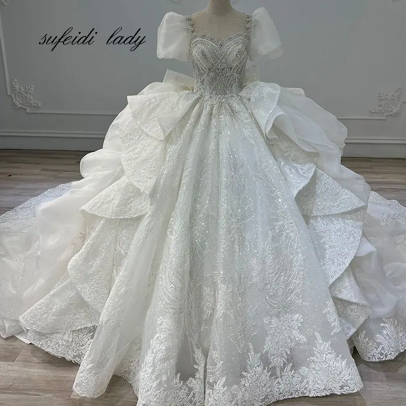 2022 New Puff Sleeve Wedding Dress Lace Applique Beaded Bridal Gown