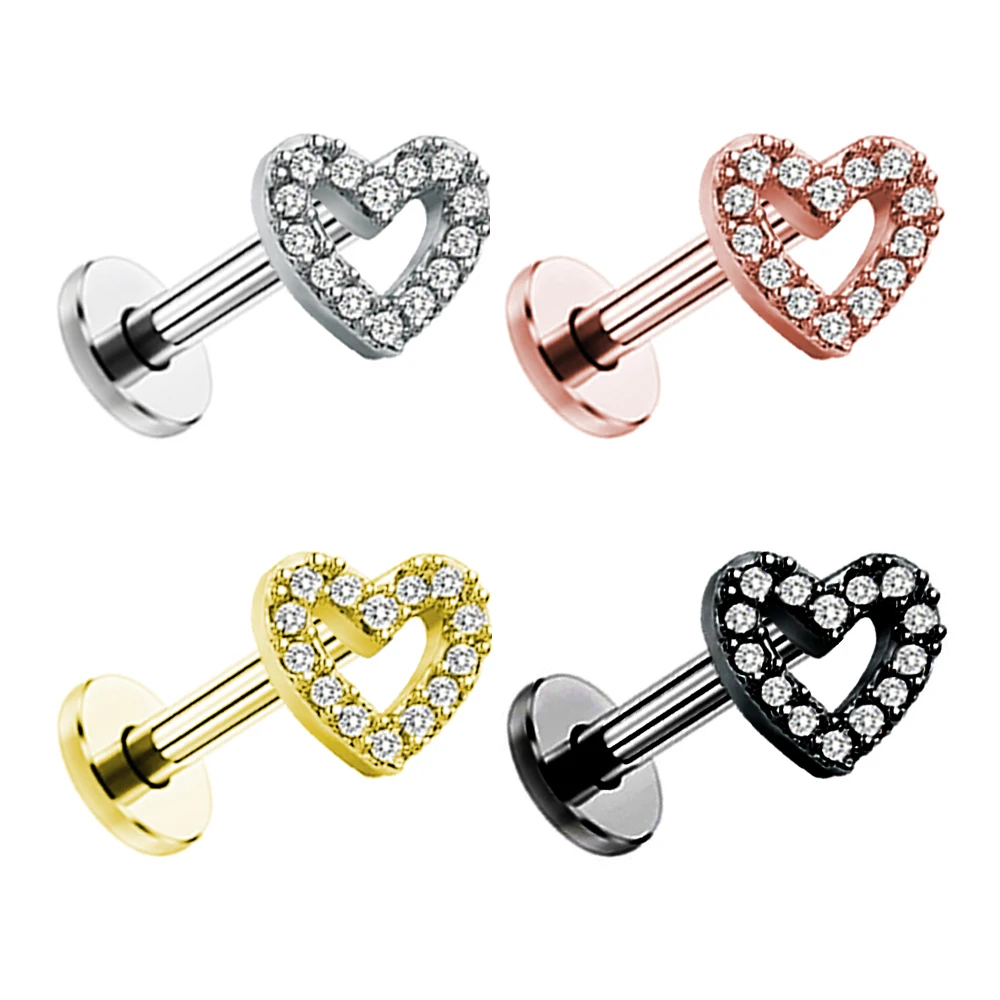 

100%316L Surgical Steel Heart Shape CZ Internal Threaded Micro Labret Cartilage Tragus Helix Piercing Flat Back Earrings