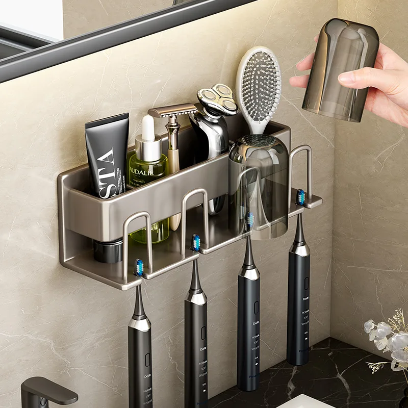 

Gun gray toothbrush storage rack, bathroom non perforated mouthwash cup, dental cup wall mounted storage rack, electric toothbru