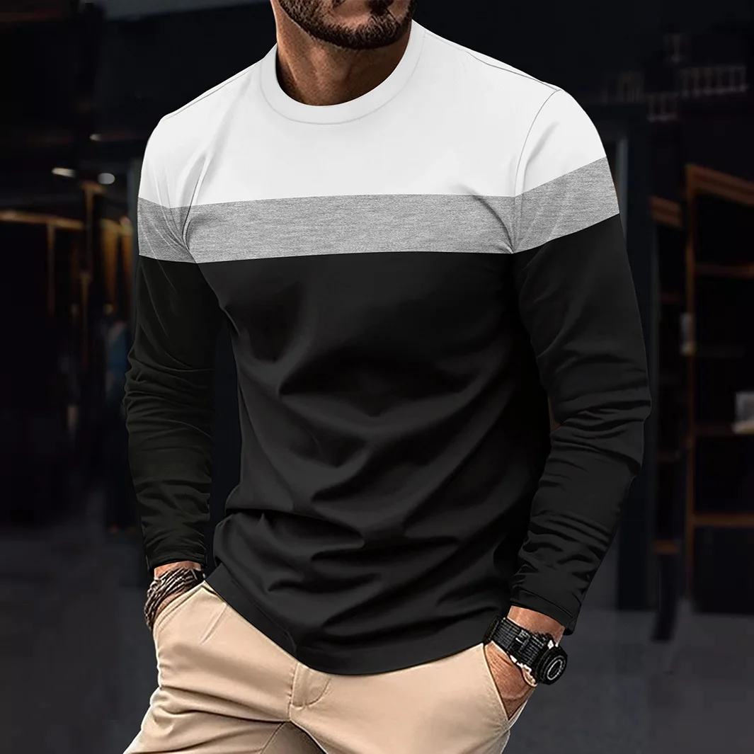 Spring and autumn men round neck long sleeve matching color base shirt set thin long sleeve T-shirt men's daily men's wea