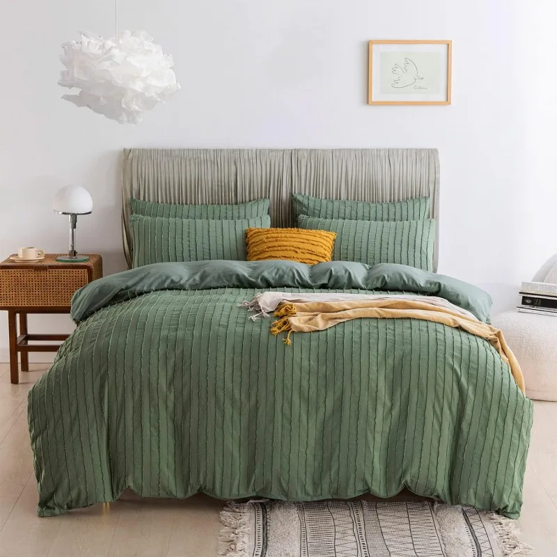 

3PCS Microfiber , Boho Striped Tufted Textured Duvet Cover with Corner Ties & Zipper Closure