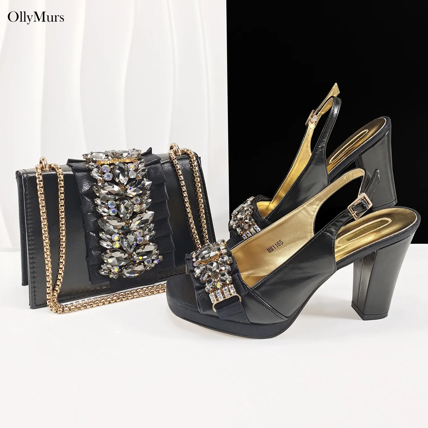 

New Design PU With Rhinestone Shoes And Purse Set Fashion High Heels Shoes Ladies Shoes With Bag Set For Evening Party